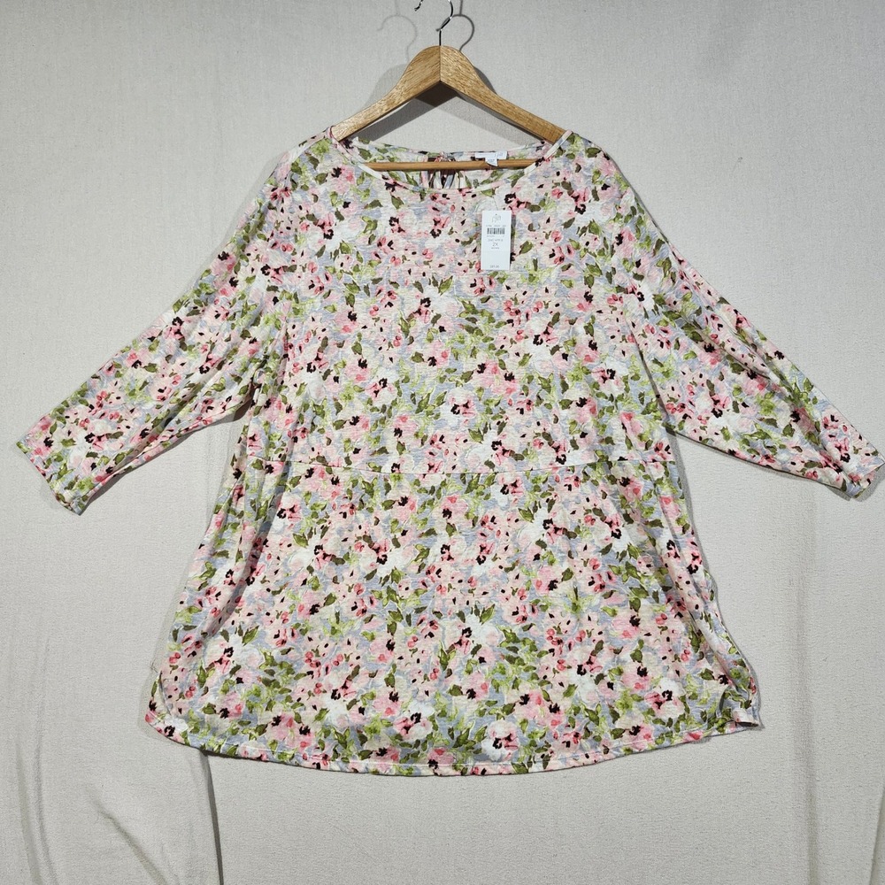 J. Jill Love Linen Floral Knit Top 2X Zinc Water Blue 3/4 Sleeve NWT 100% Linen